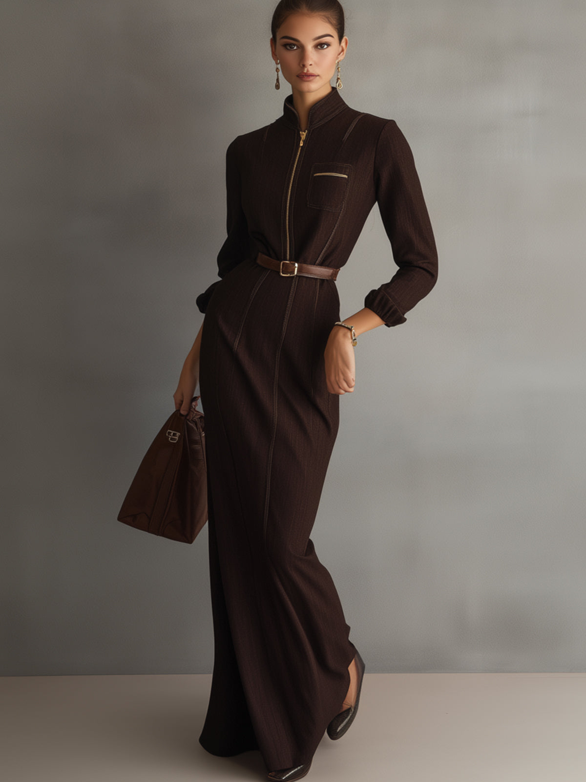 Brown Sophisticated Zip Front Maxi Dress