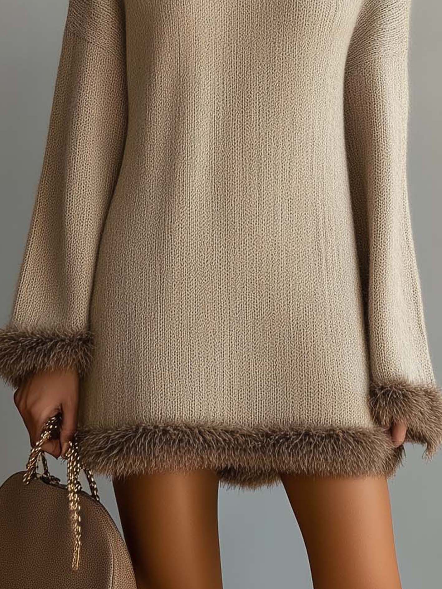 Beige Knitted Mini Dress With Brown Plush Trim