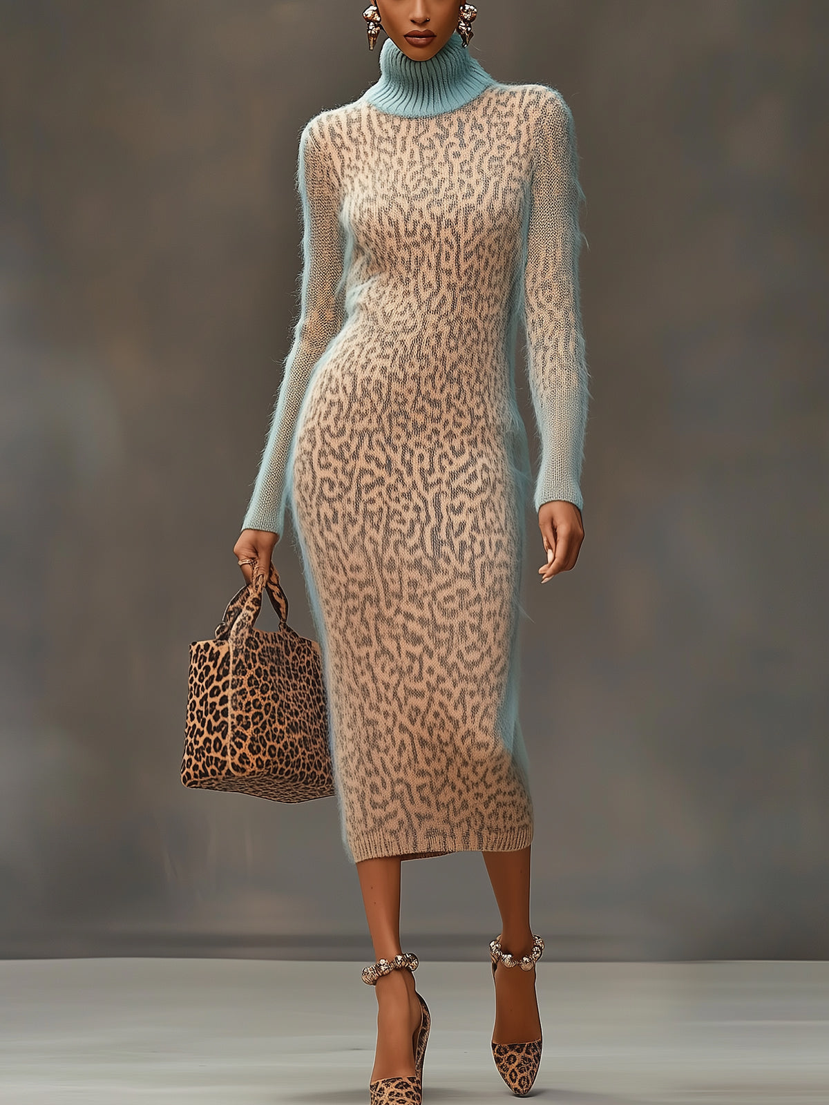 Blue And Beige Animal Print Sweater Dress
