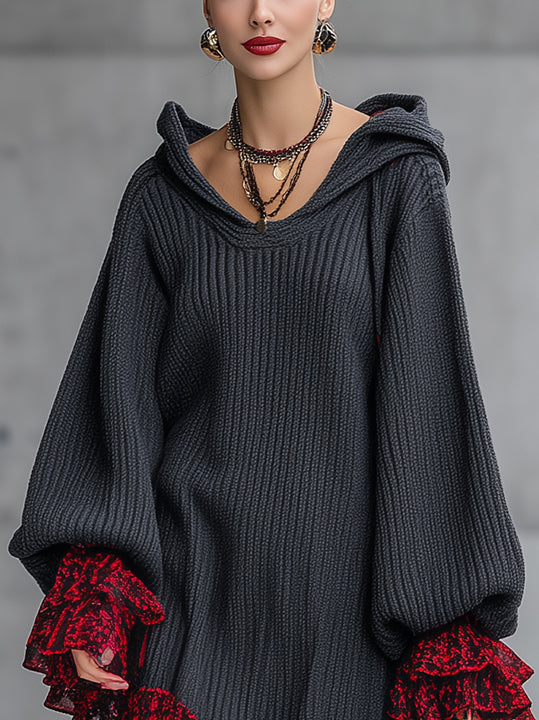 Gray Knit Hoodie Mini Dress With Red Flounce Trim