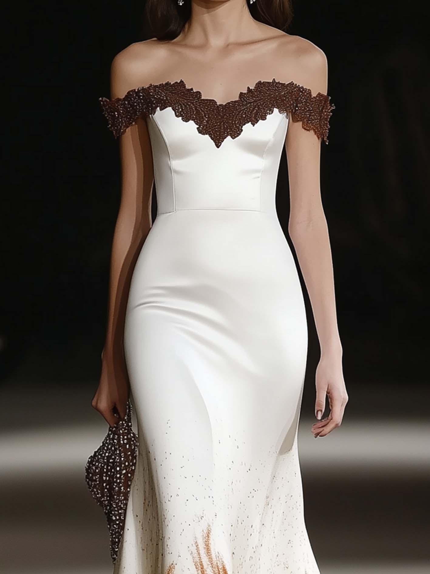 Off Shoulder White Satin Maxi Dress With Gradient And Lace Neckline