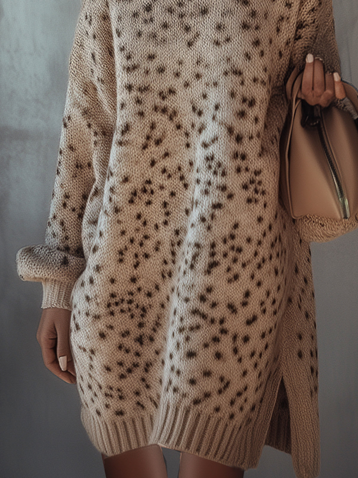 Khaki Chic Speckled Turtleneck Knit Dress