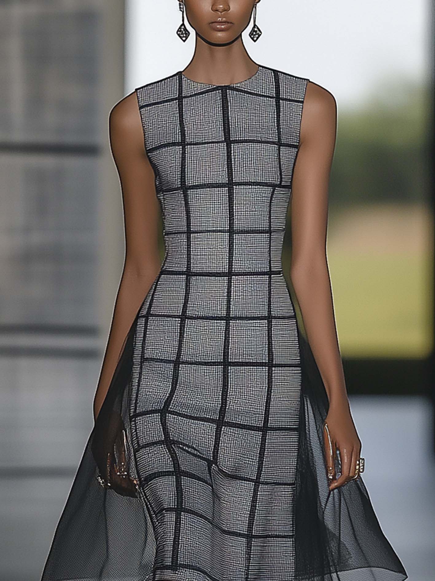 Gray Midi Dress With Black Mesh Outer Layer And Black Checkered