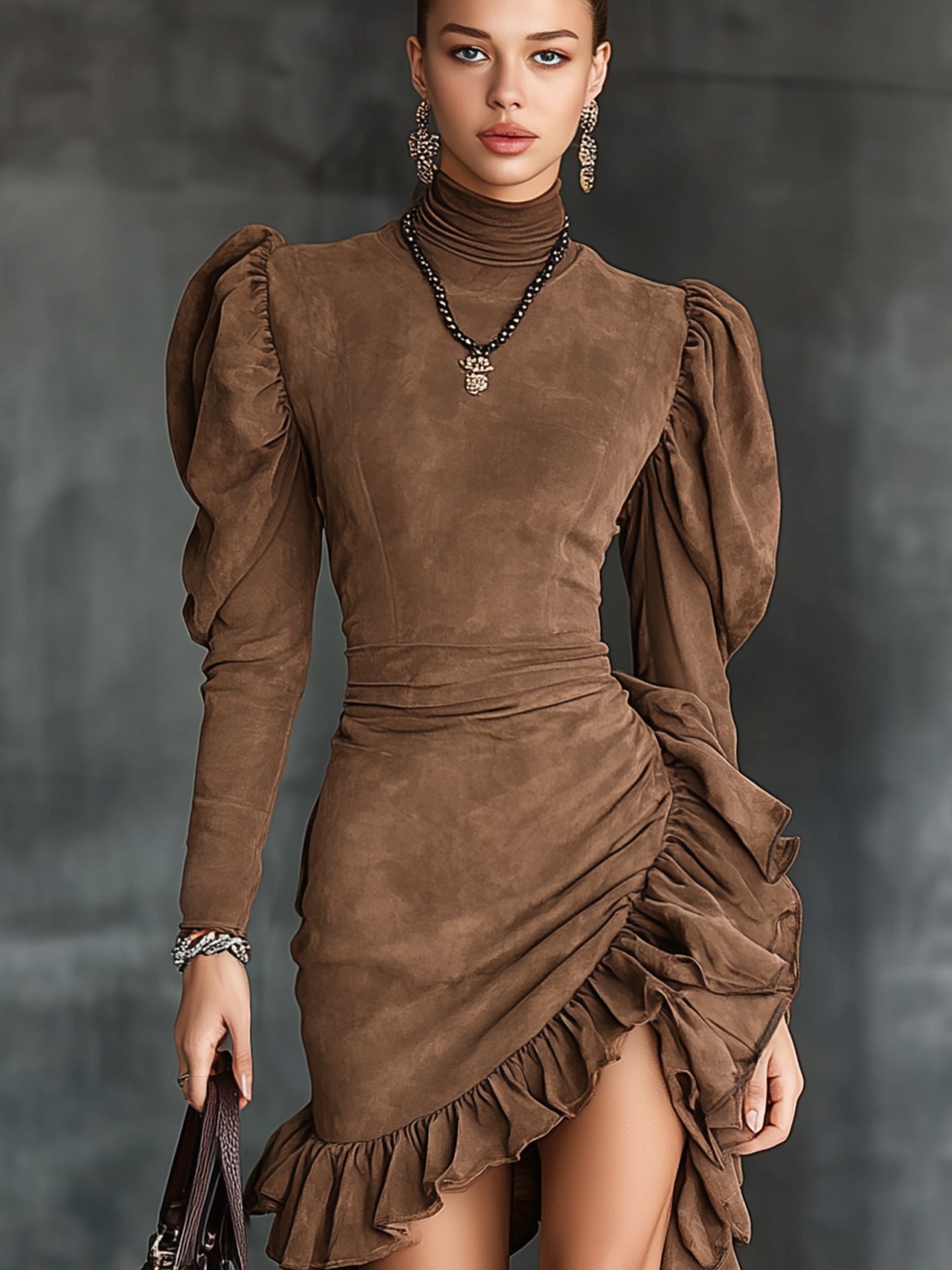 Vintage Brown Faux Suede Ruffle Long Sleeve Mini Dress