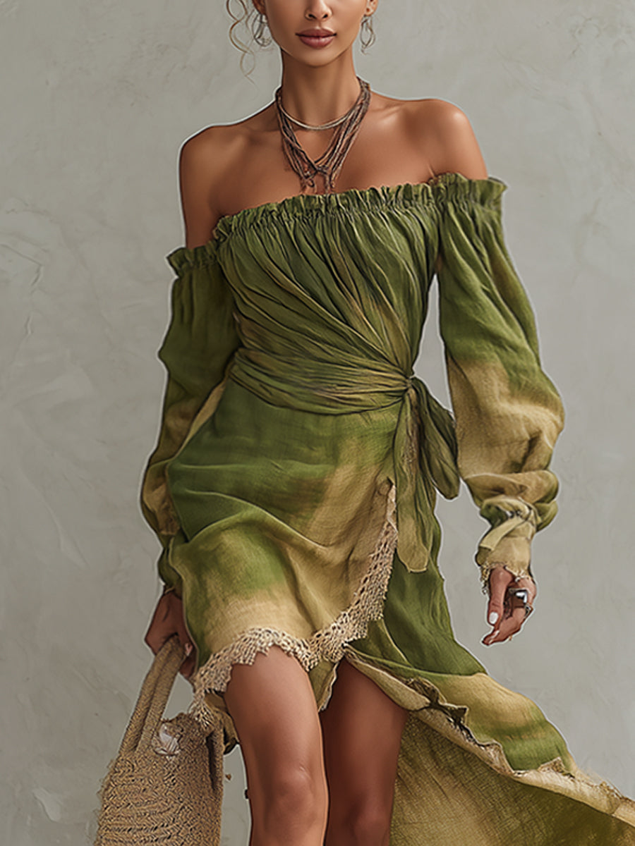 Green Cotton Linen Tie Dye Off Shoulder Lace Midi Dress