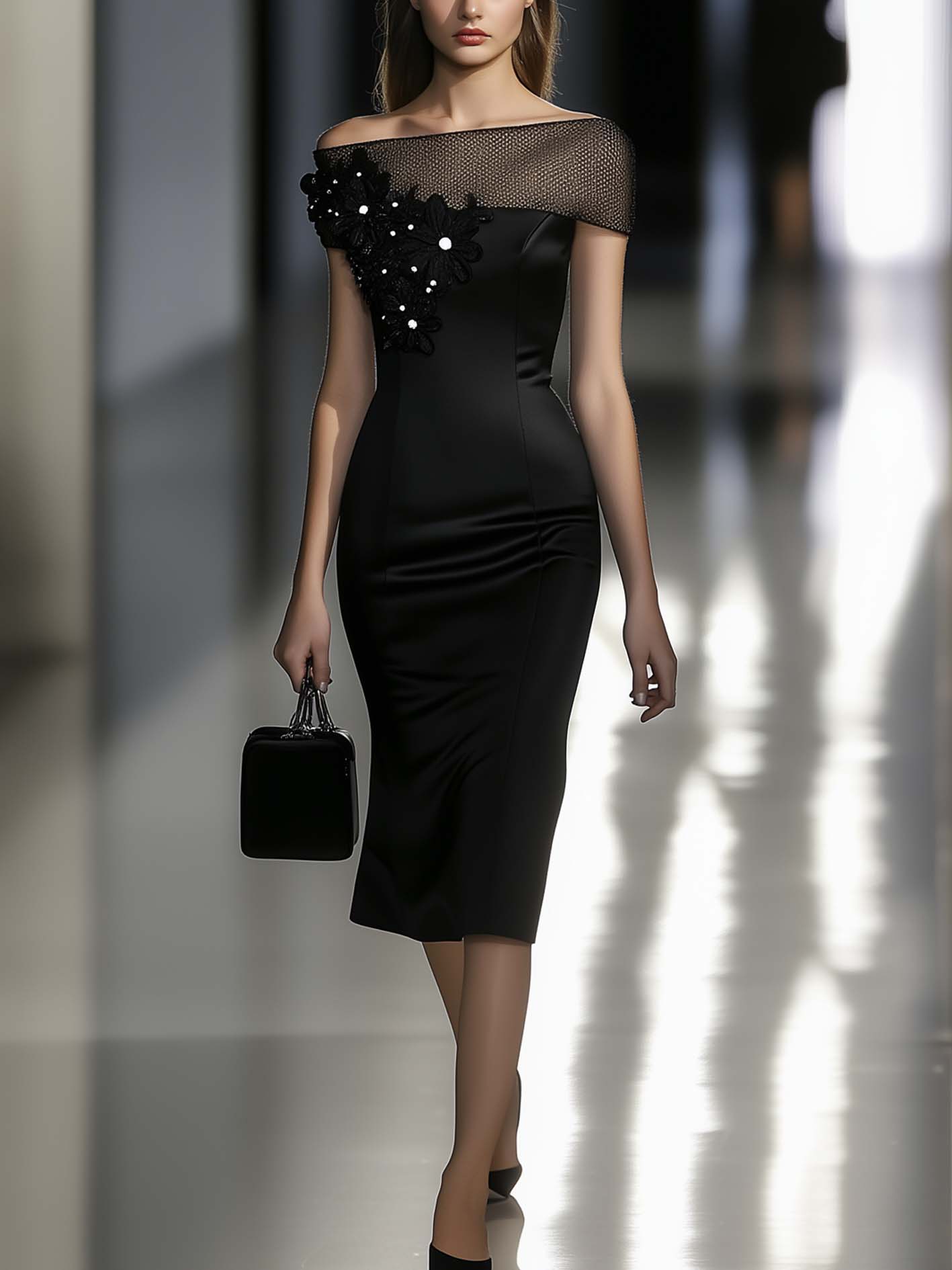 Black Satin Midi Bodycon Dress With Mesh Stitching And 3D Flowers