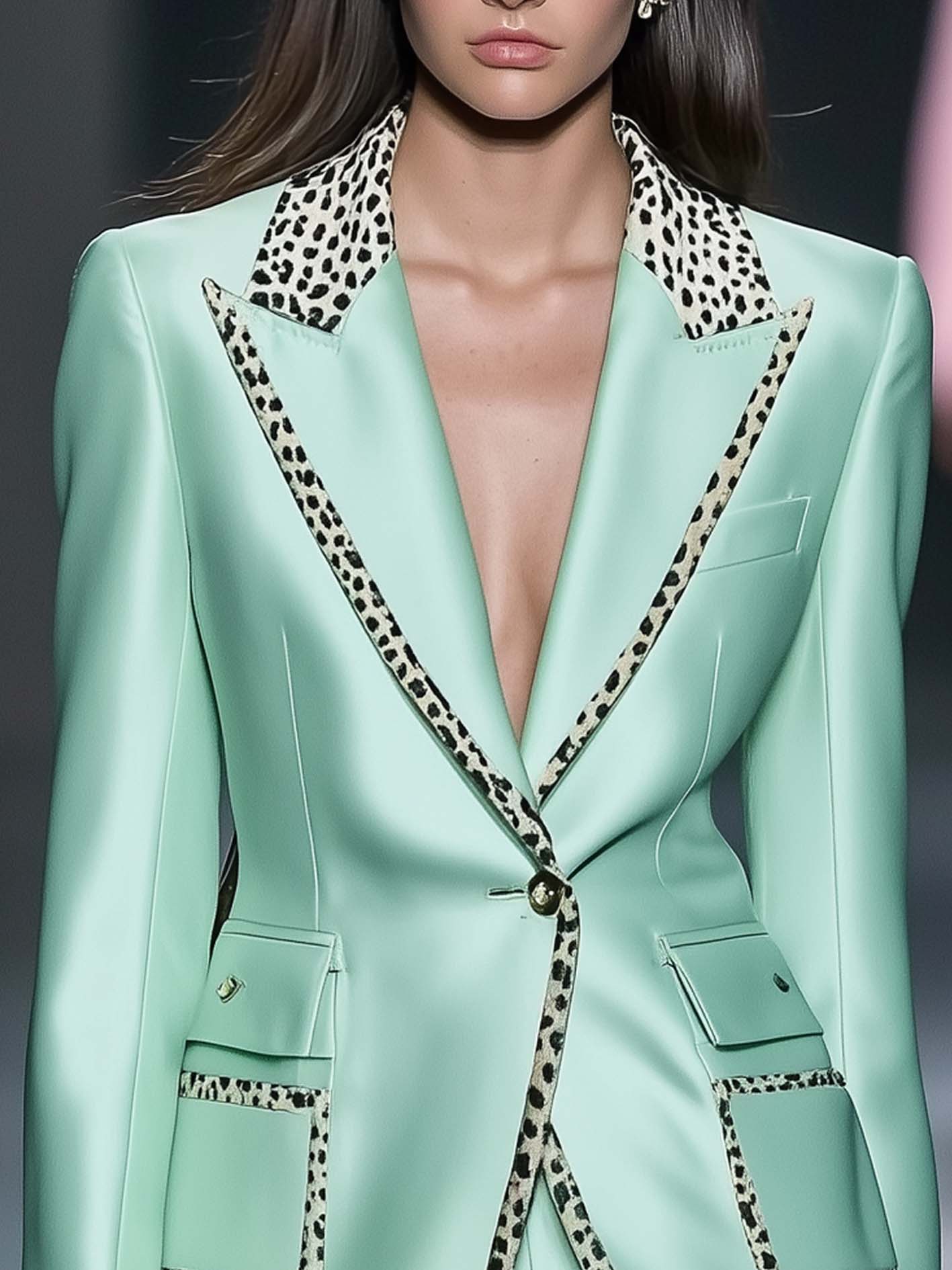 Mint Green Satin Blazer With Leopard Print Trim