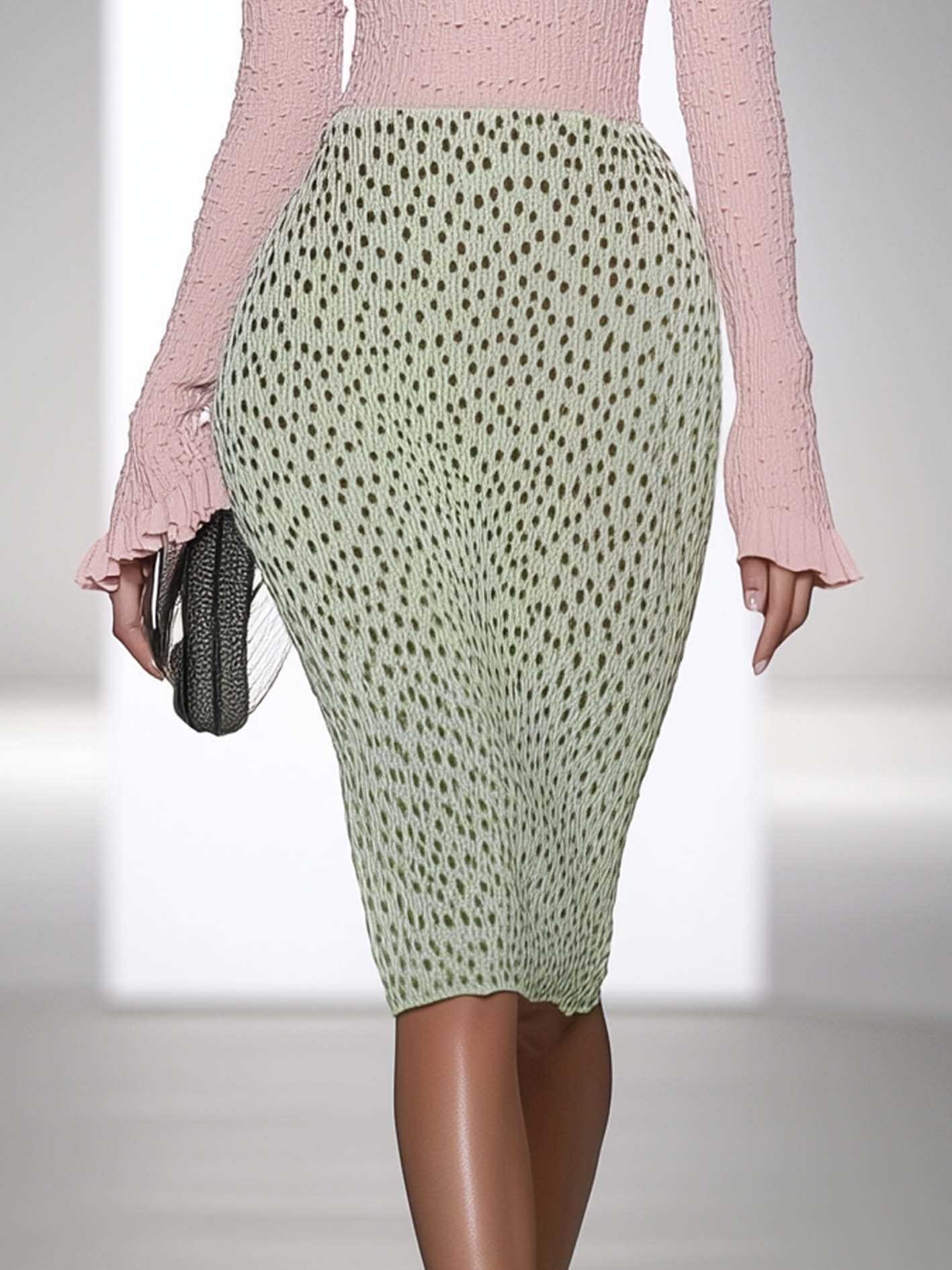 Pink Knitted Midi Bodycon Dress With Green Leopard Print Polka Dots
