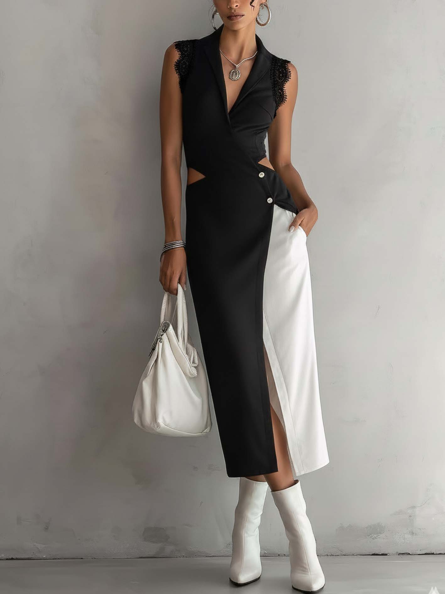 Black And White Patchwork Cutout Waist Lace Shoulder Bodycon Dress