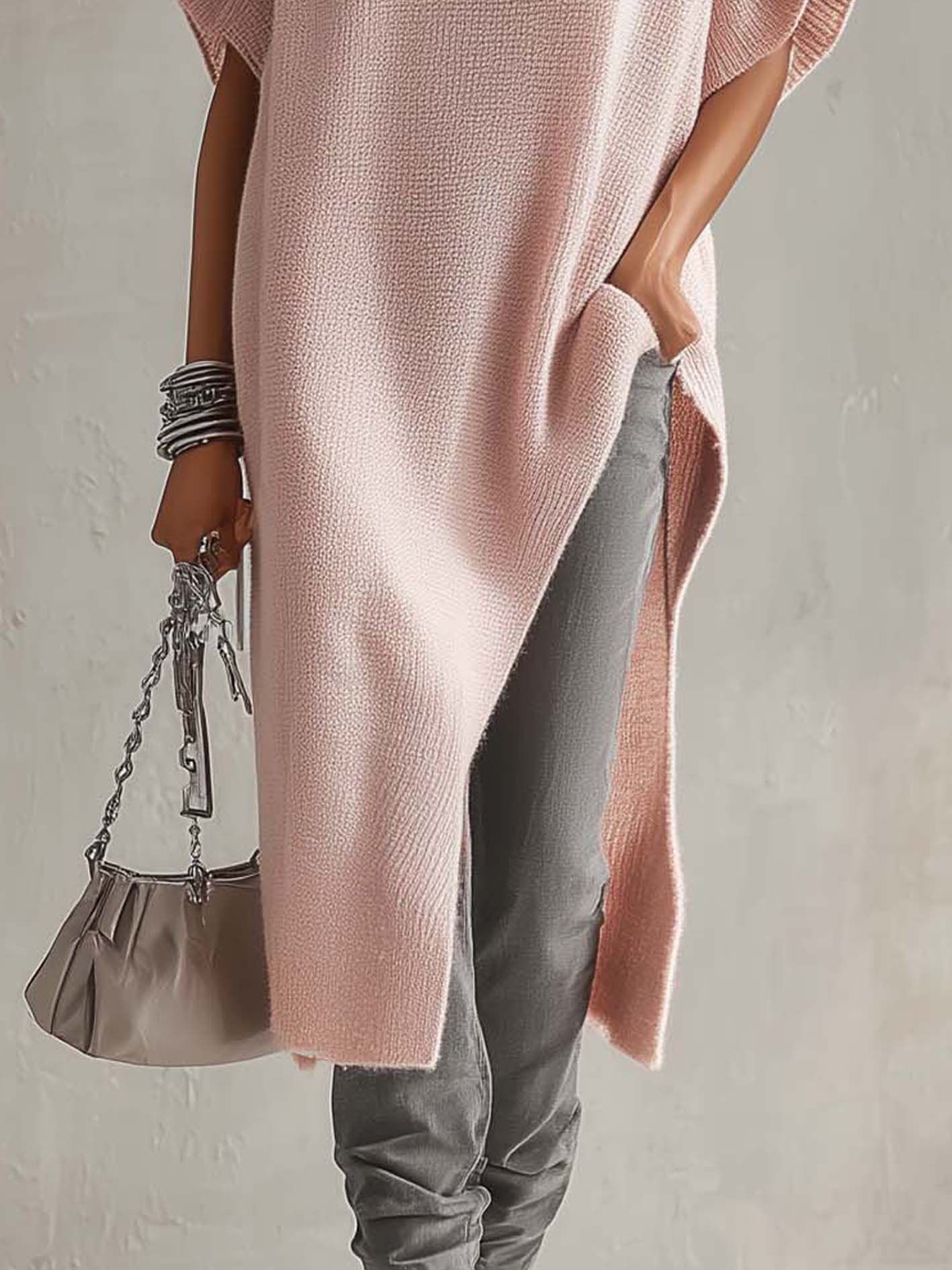 Pink Turtleneck Zip Split Side Knit Midi Dress