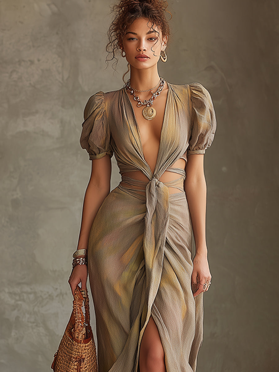 Brown Linen Blend Printed Tie Waist Short Sleeve Maxi Dress