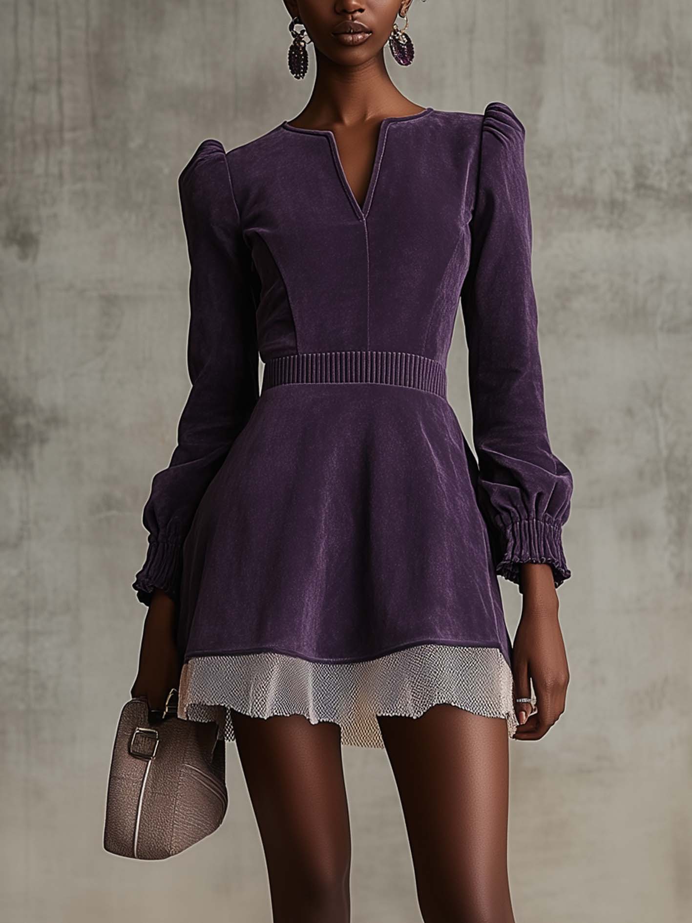 Retro Purple Faux Suede Mini Dress With Mesh
