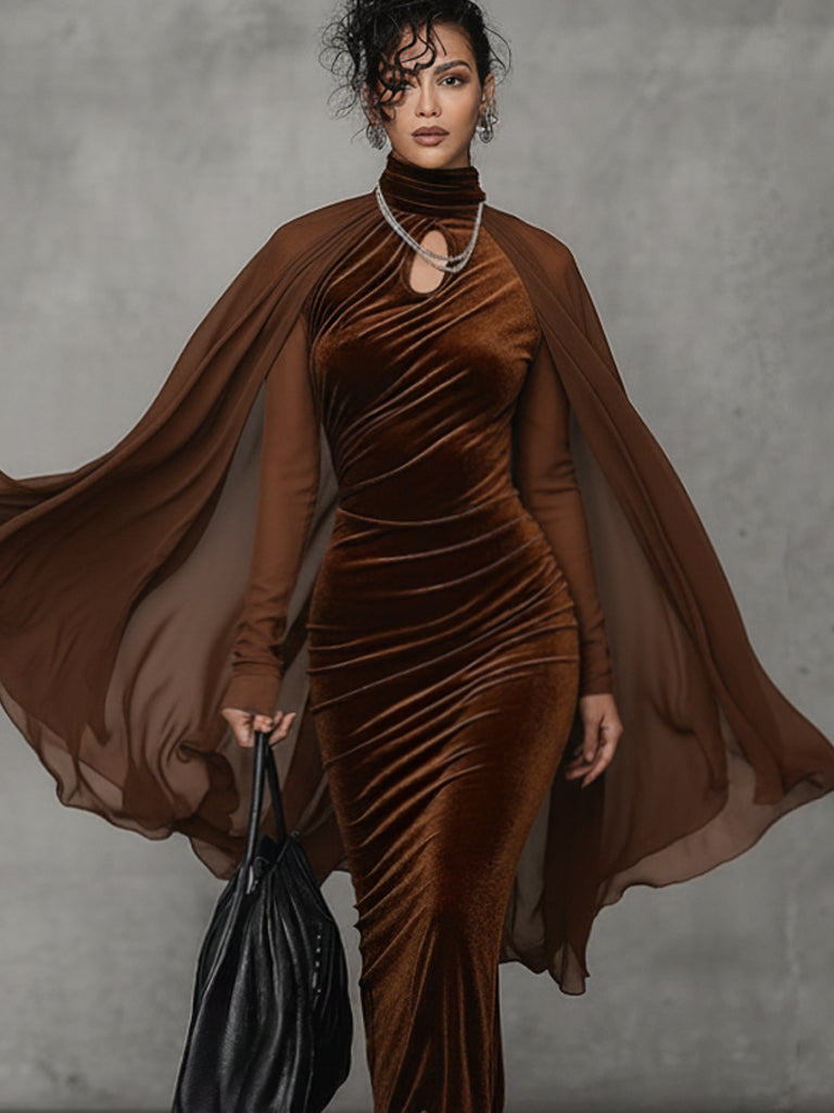 Brown Velvet High Neck Cutout Maxi Dress With Chiffon Cape