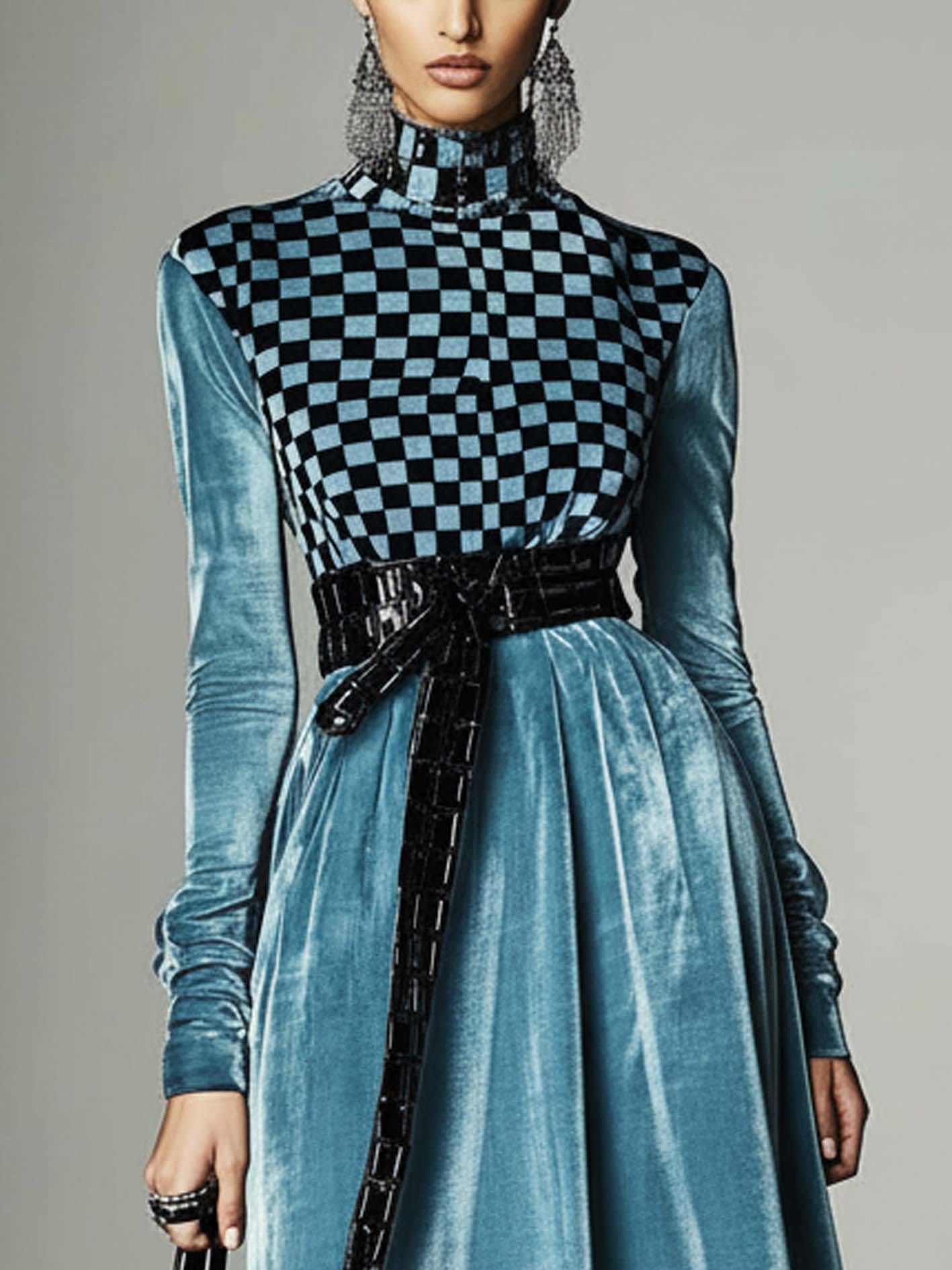 Light Blue Velvet Midi Dress With Black Plaid And Belt