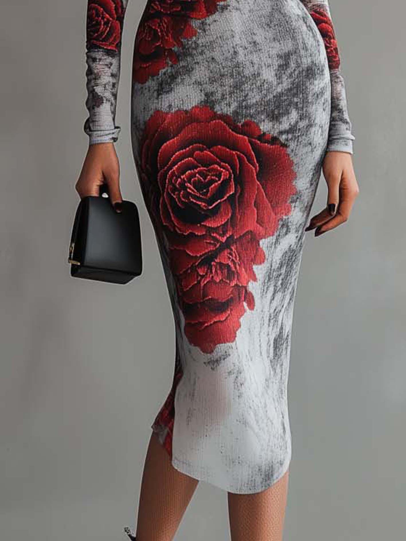 Light Gray Stretch-knit Bodycon Dress With Gradient Roses