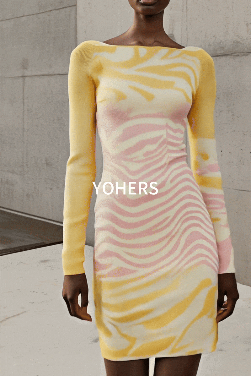 Yellow And Pink Ombre Knit Bodycon Boatneck Long Sleeve Mini Dress