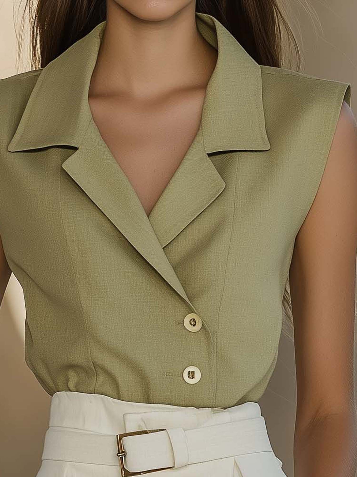 Light Green Cotton And Linen Blouse With Gold Buttons