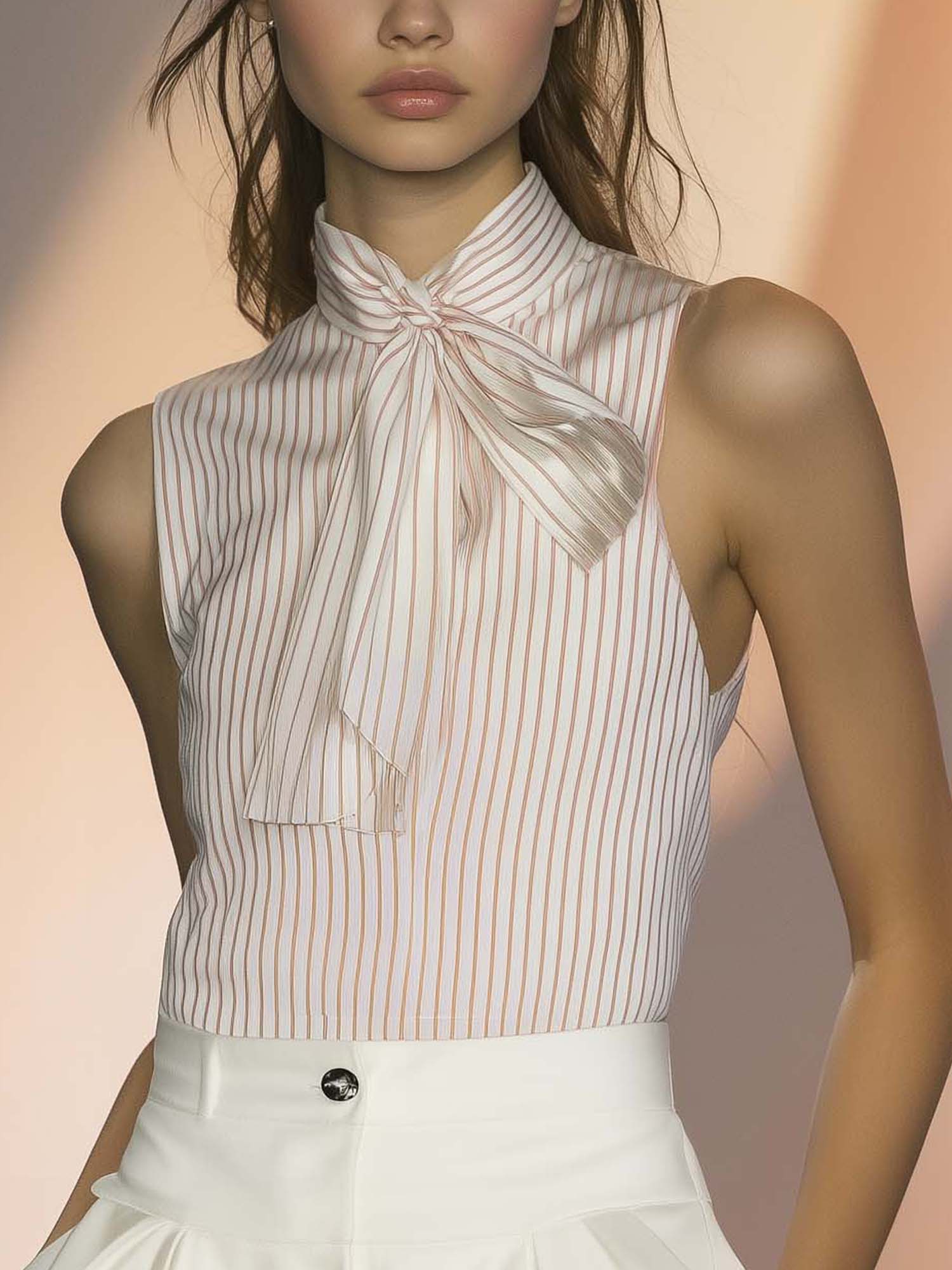 Elegant White Satin Shirt With Pink Stripes