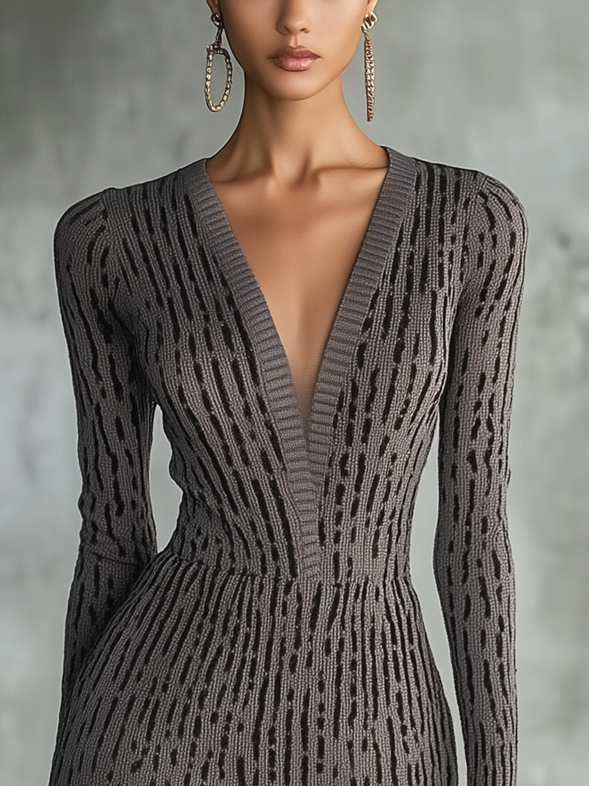 Gray Textured Knit Ruffle Hem Deep V-Neck Long Sleeve Mini Dress