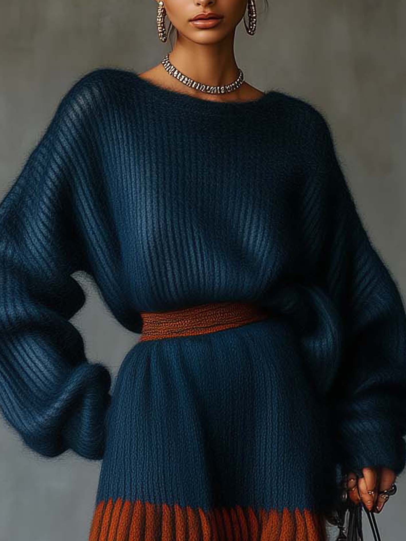 Dark Blue Knitted Mini Dress With Orange And Gray Color Blocks