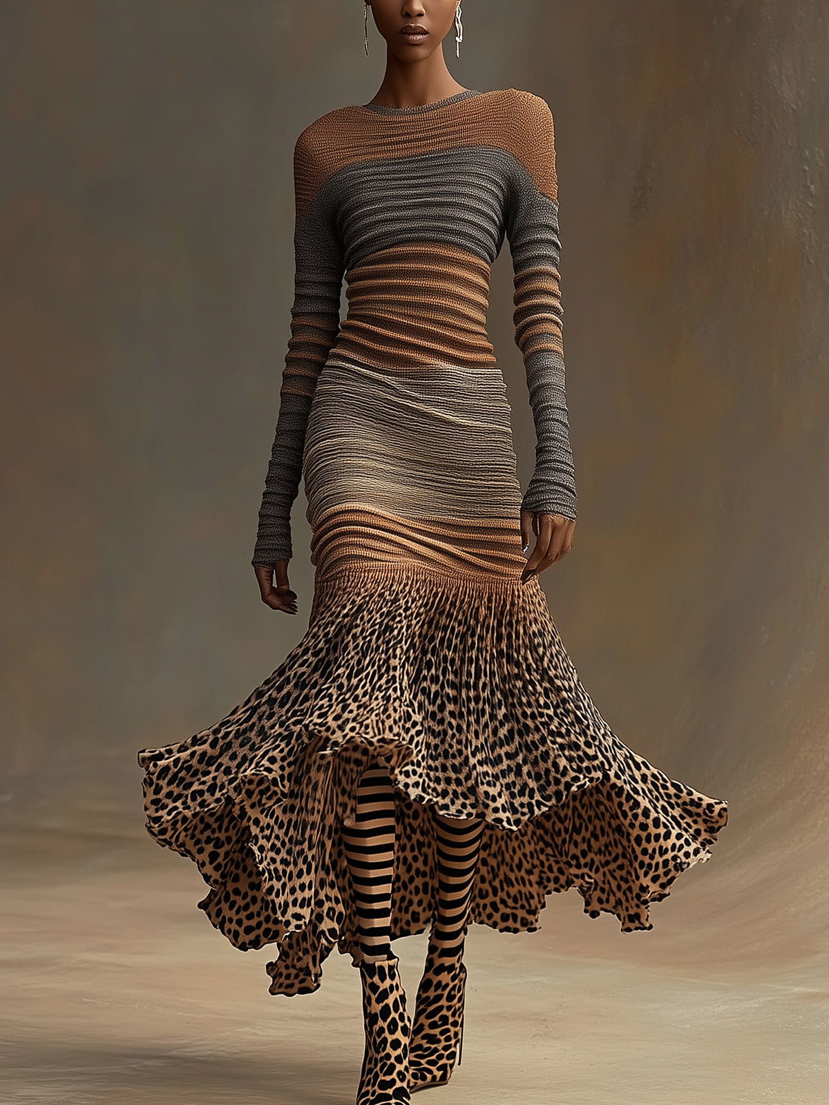 Ombre Striped Ribbed Knit Dress With Leopard Print Flared Hem