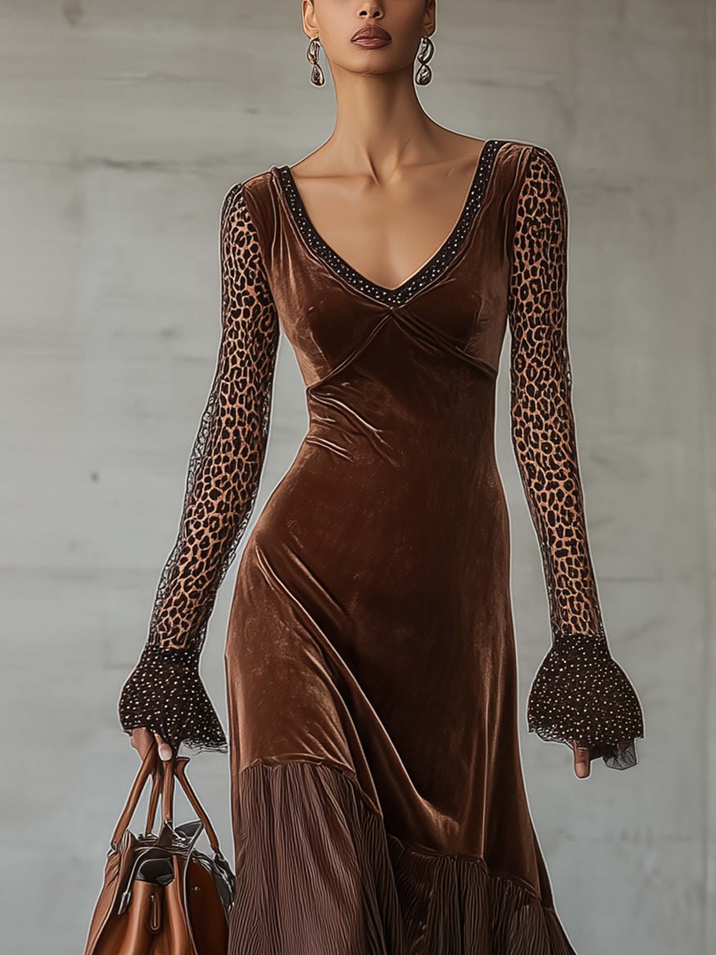 Chocolate Velvet Leopard Lace Patchwork Midi Dress