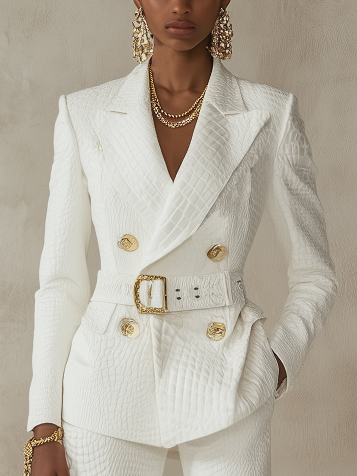 White Crocodile Embossed Double Breasted Belted Suit