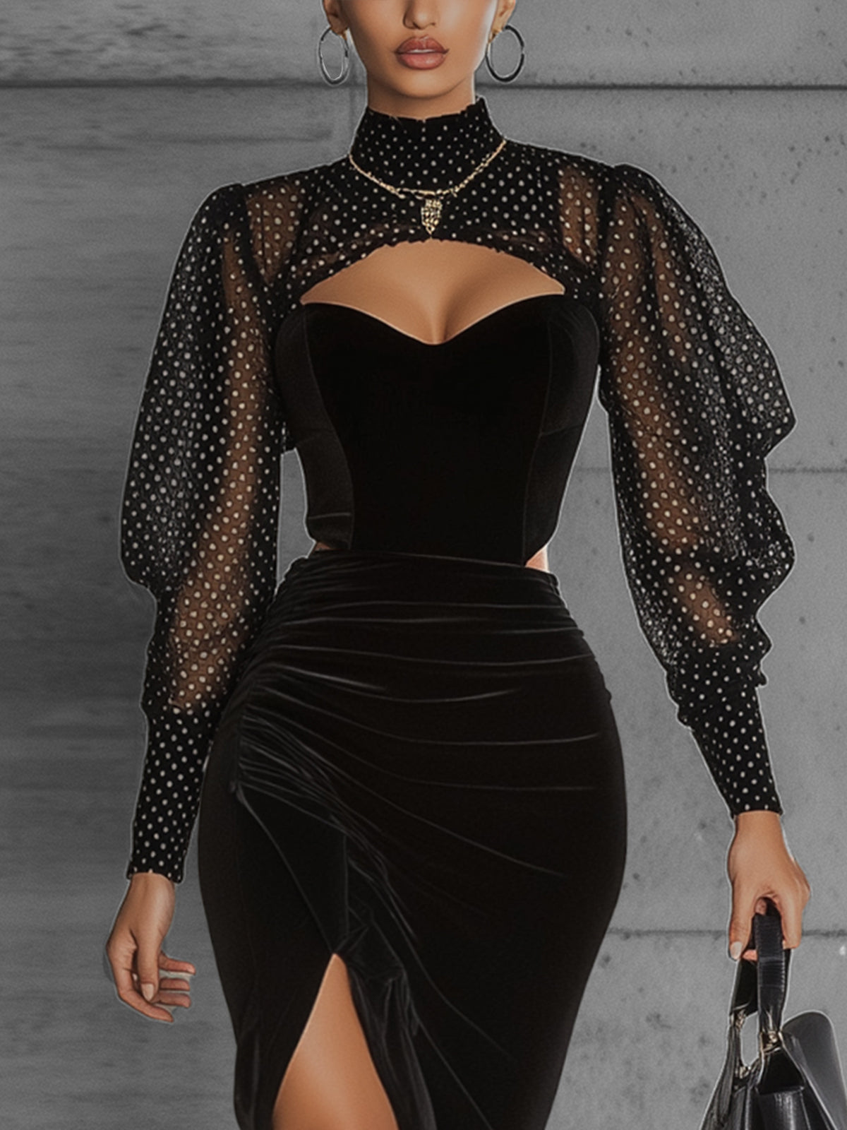 Elegant Black Velvet Maxi Dress With Sheer Polka-Dot Sleeves