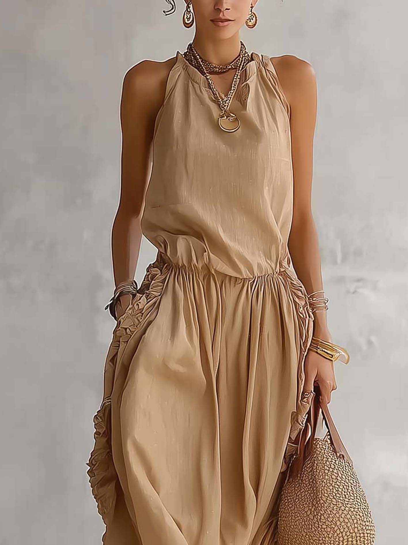 Khaki Cotton Linen Ruffle Side Elastic Waist Maxi Dress