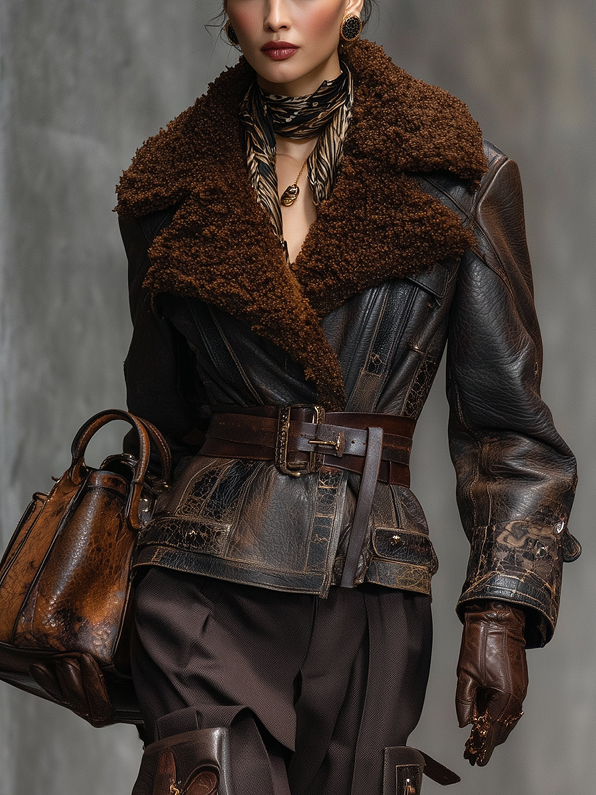 Brown Vintage Distressed Fleece Collar Leather Jacket