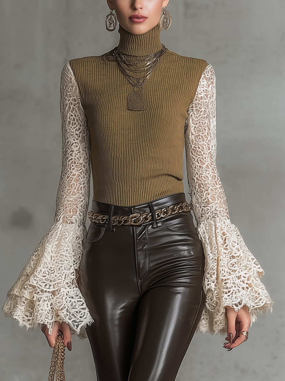 Olive Ribbed Turtleneck Top With Lace Bell Sleeves