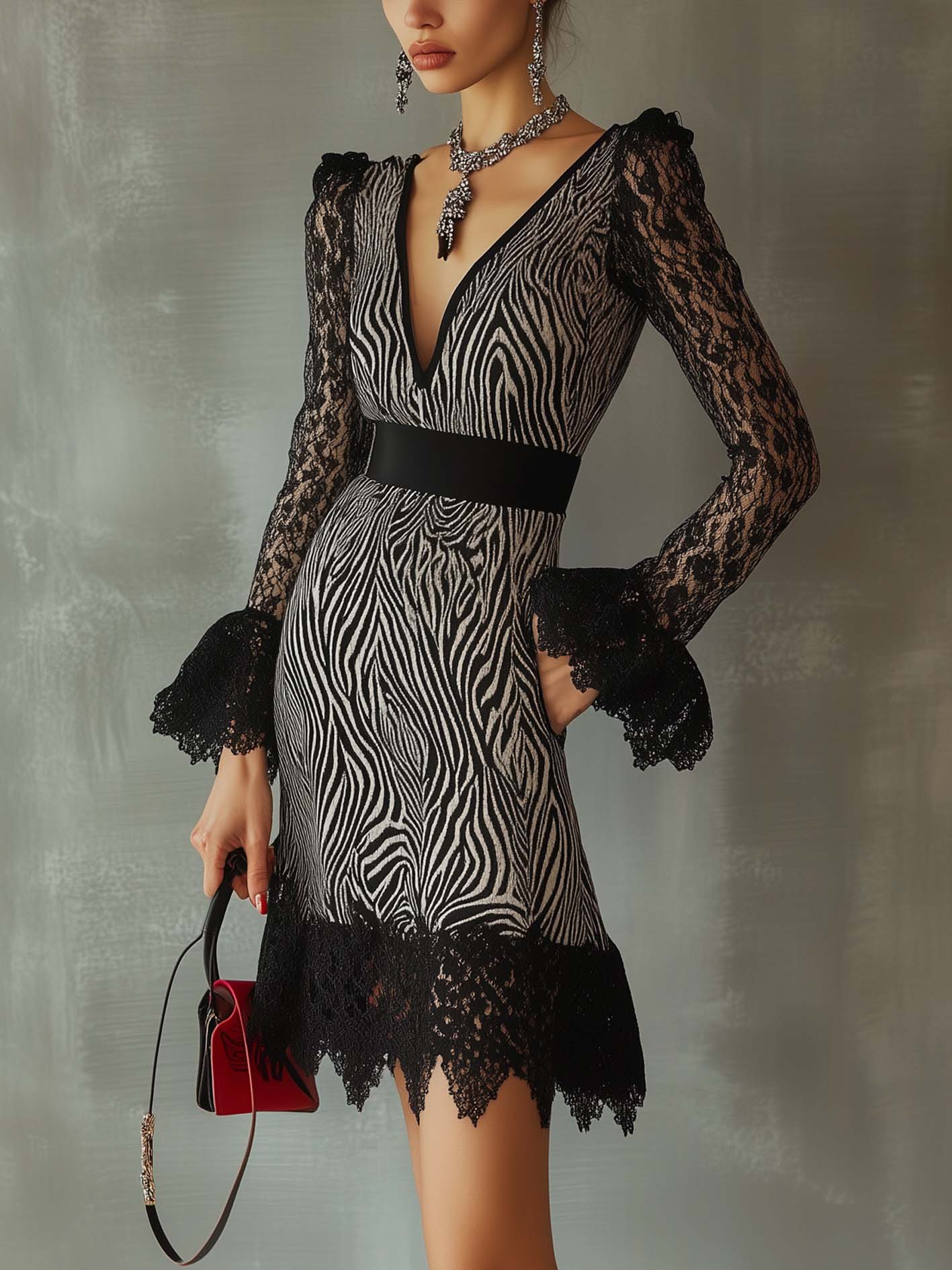 Black Zebra Print Mini Dress With Lace Sleeves And Trim