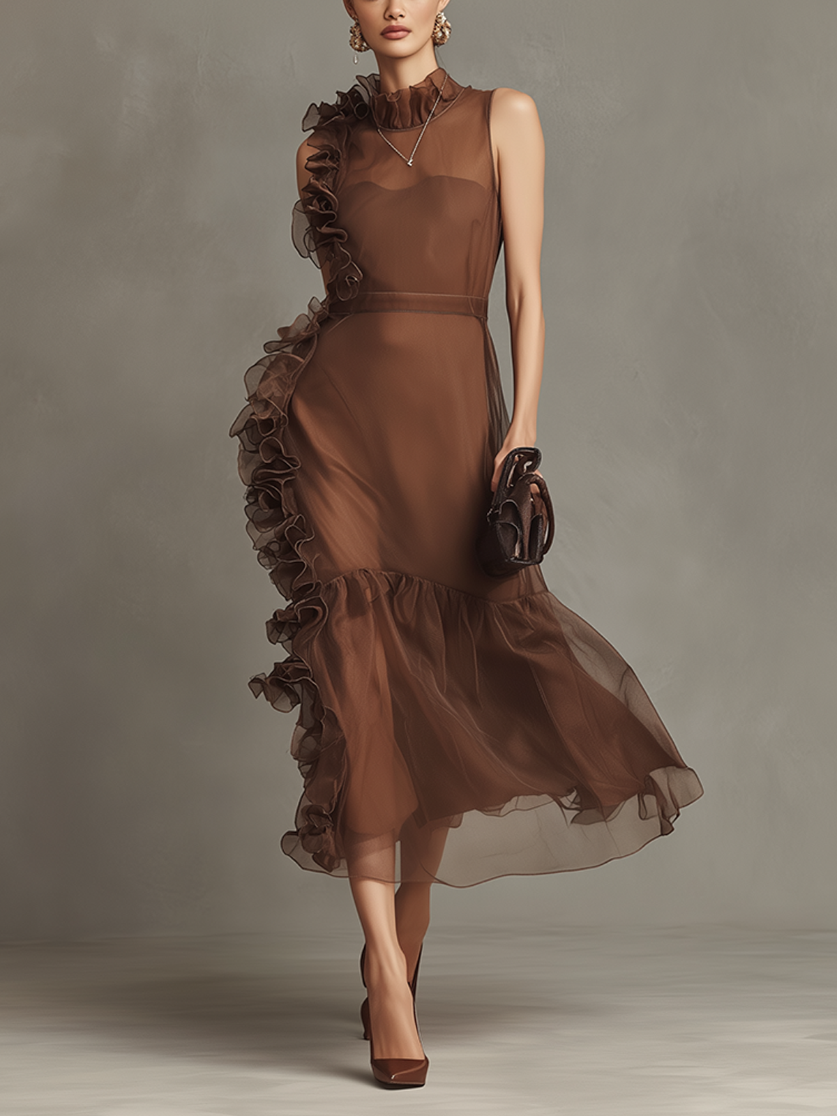 Brown Ruffle Trim Sleeveless Organza Midi Dress