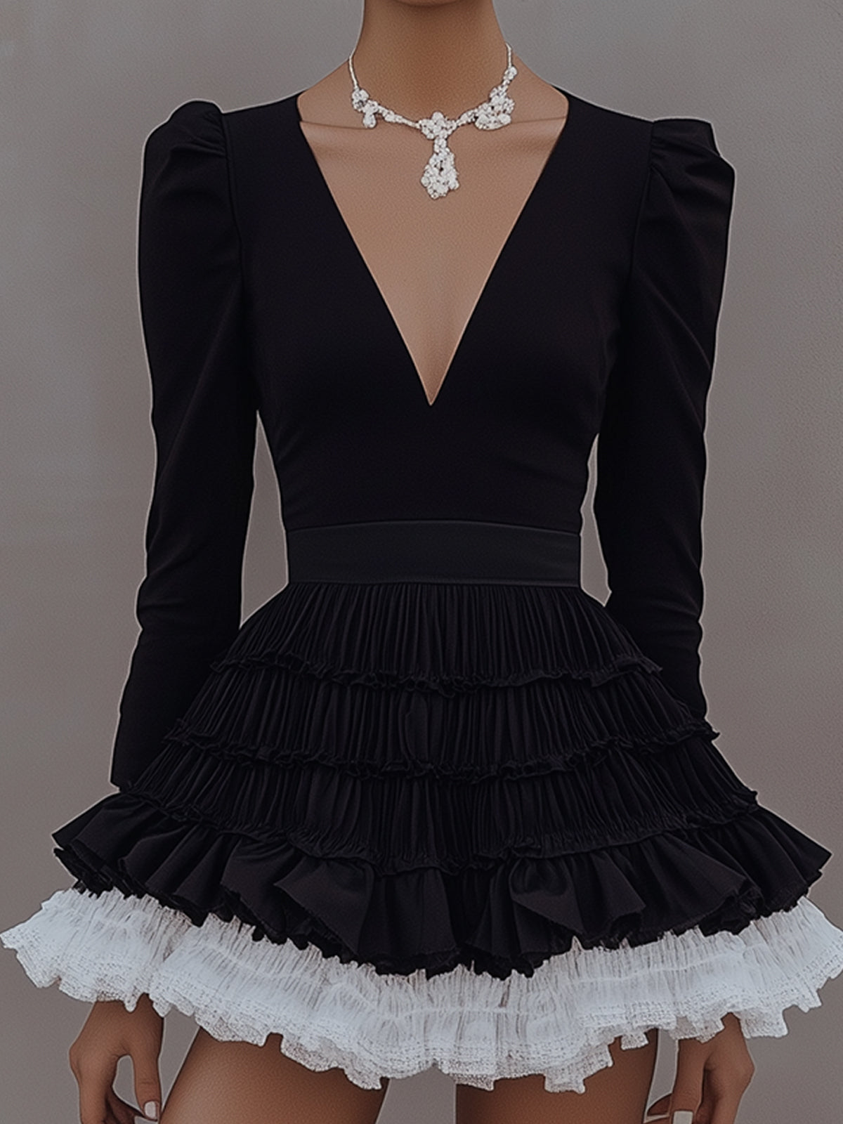 Black Suede And White Ruffle V-Neck Mini Dress