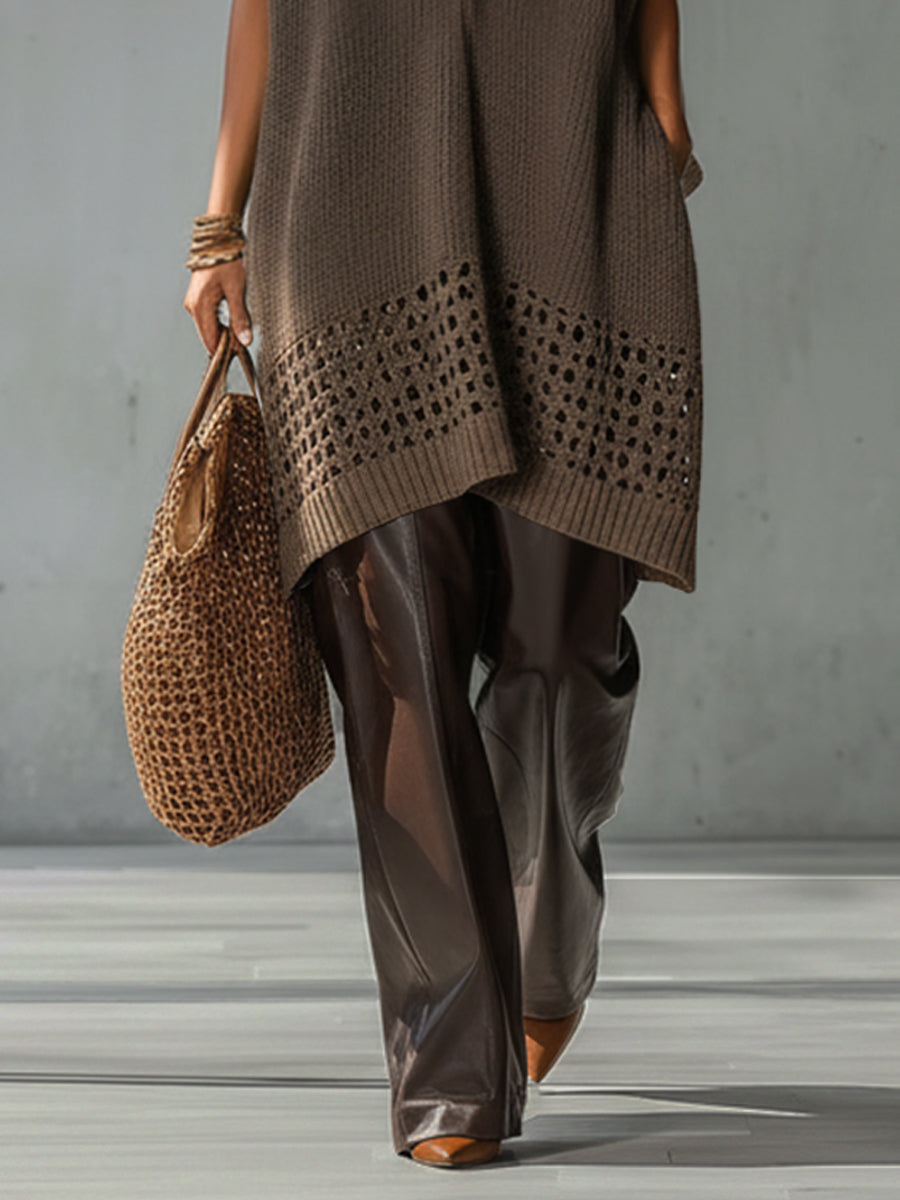 Coffee Relaxed Half Zip Knit Crochet Mini Dress