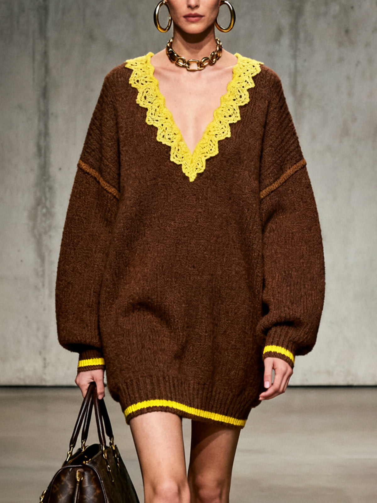 Brown Knitted V-Neck Dress With Contrasting Lace Detailing