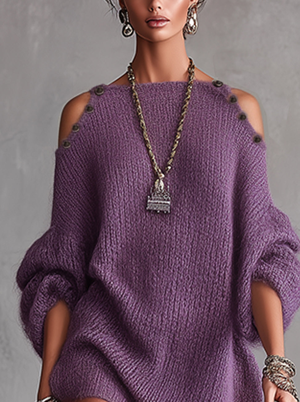 Purple Cold Shoulder Button Detail Knit Oversized Sweater Dress