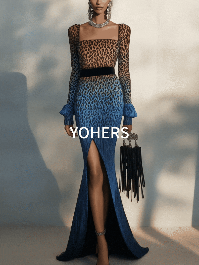 Brown And Blue Leopard Print Velvet Waist Square Neck Long Sleeve Maxi Dress