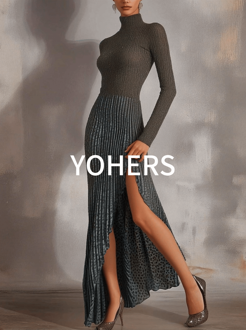 Gray Knitted Maxi Dress With Blue Gradient Leopard Print