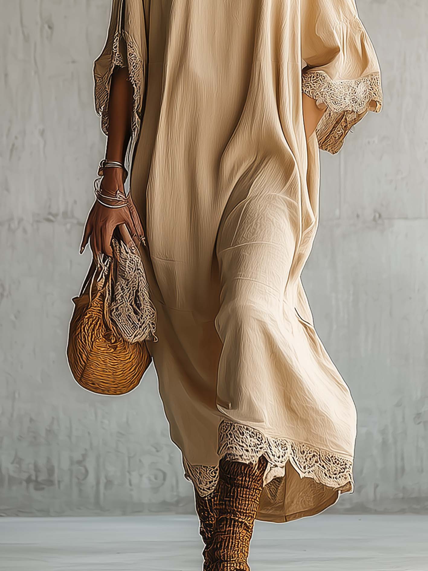 Beige One Shoulder Cotton Linen Maxi Dress With Lace Trim