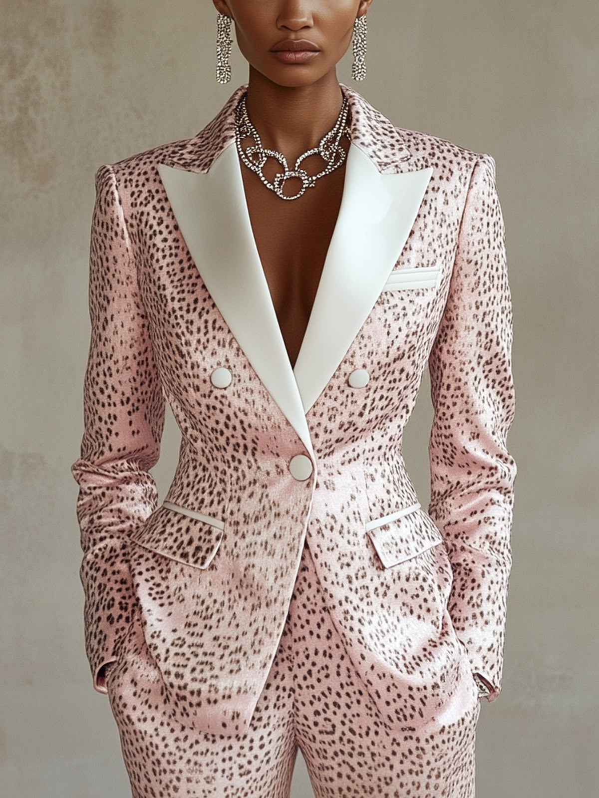 Pink Leopard Print Satin Shawl Collar Suit