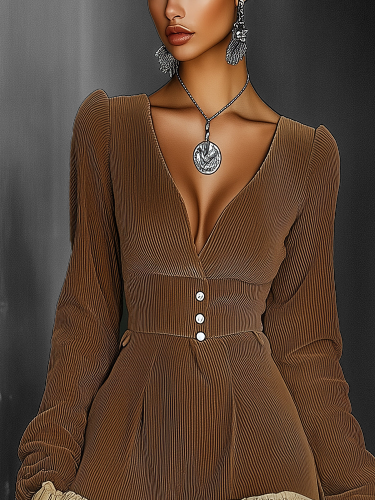 Brown Ruffled Button-Accent Mini Dress