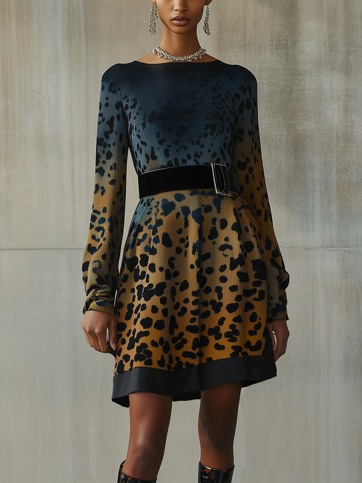 Blue And Yellow Leopard Print Pleated Waist Boat Neck Long Sleeve Mini Dress