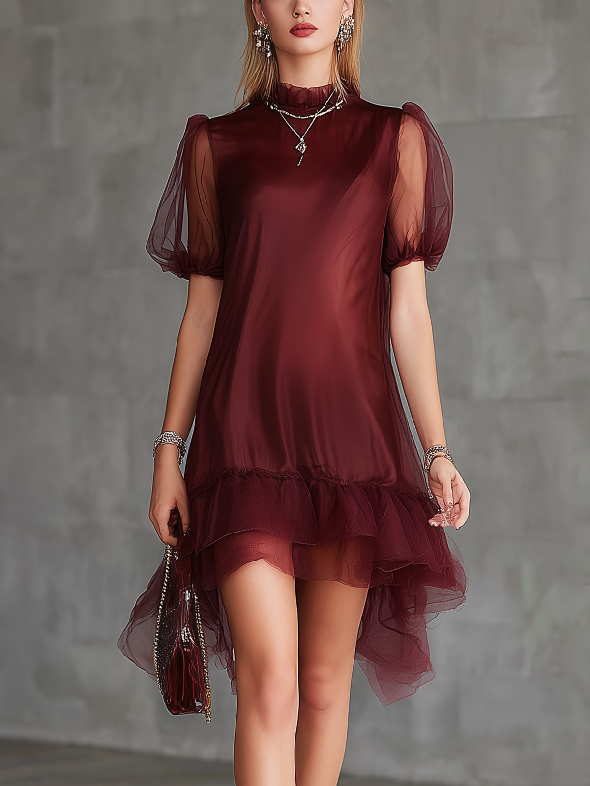 Burgundy Puff Sleeve High Neck Organza Ruffle Hem Mini Dress
