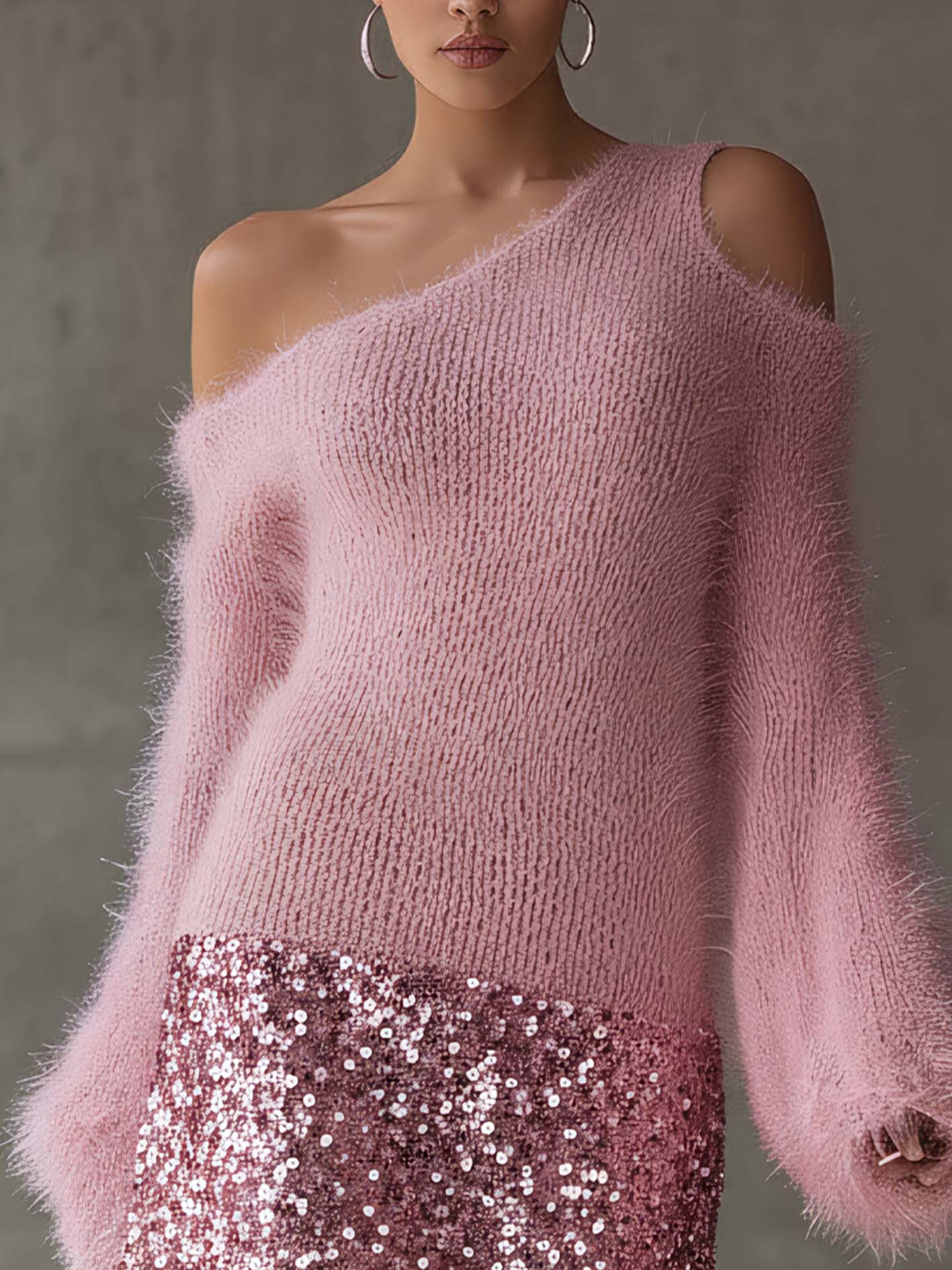 Pink Mohair Cold Shoulder Knit Mini Dress With Sequin Patchwork Hem