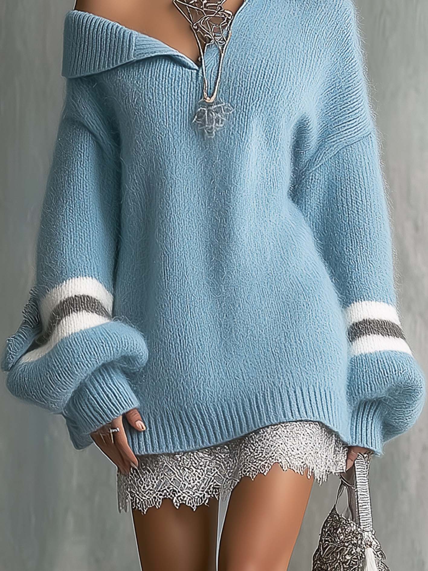 Blue Knit Lace Patchwork Collared Mini Dress