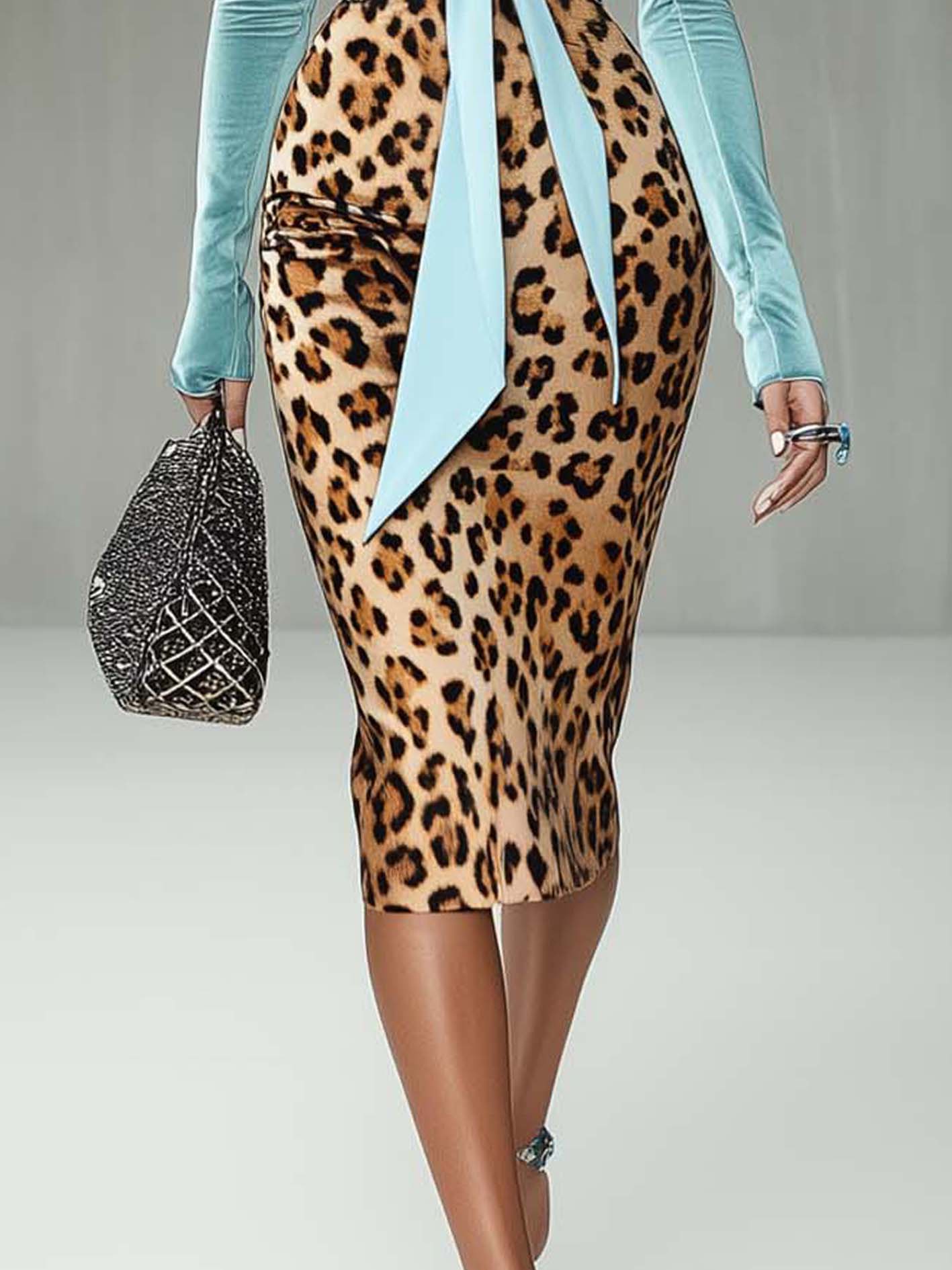 Sky Blue Velvet Bodycon Dress With Leopard Print And Ribbon