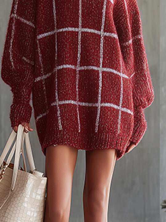 Burgundy Checked V-Neck Oversized Knit Sweater Dress