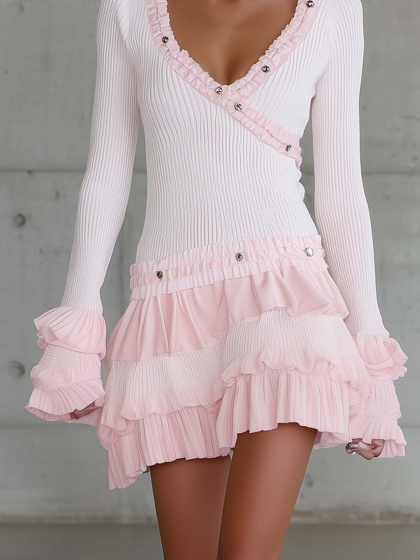 Light Pink Knit Mini Dress With Ribbon Trim And Ruffle Hem