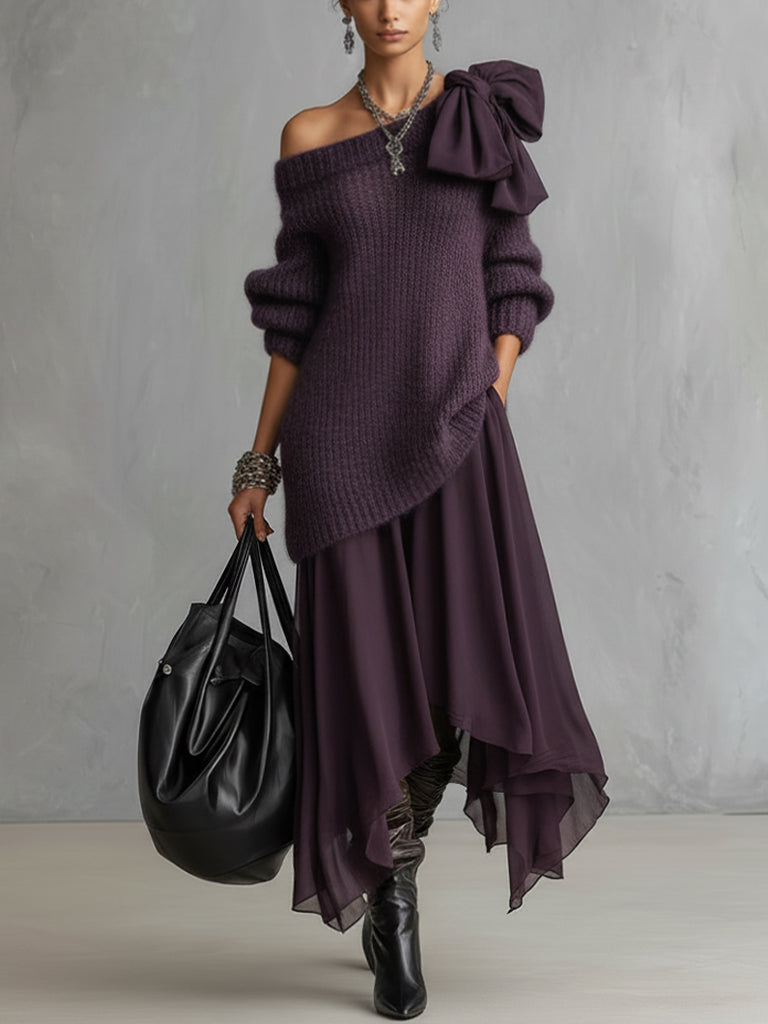 Dark Purple Knit Sweater And Chiffon Maxi Skirt Set